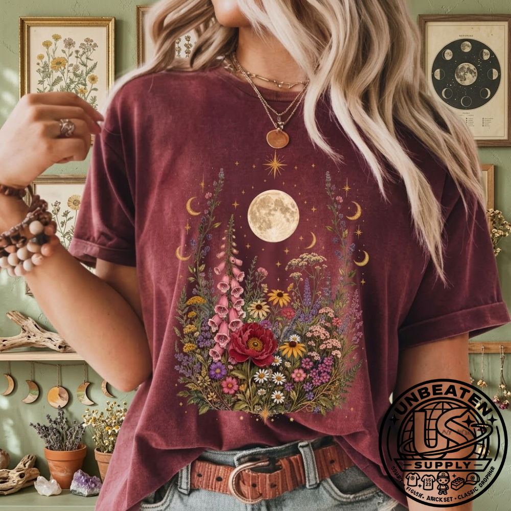 Boho Wildflower Celestial Moon Spiritual Floral T-Shirt