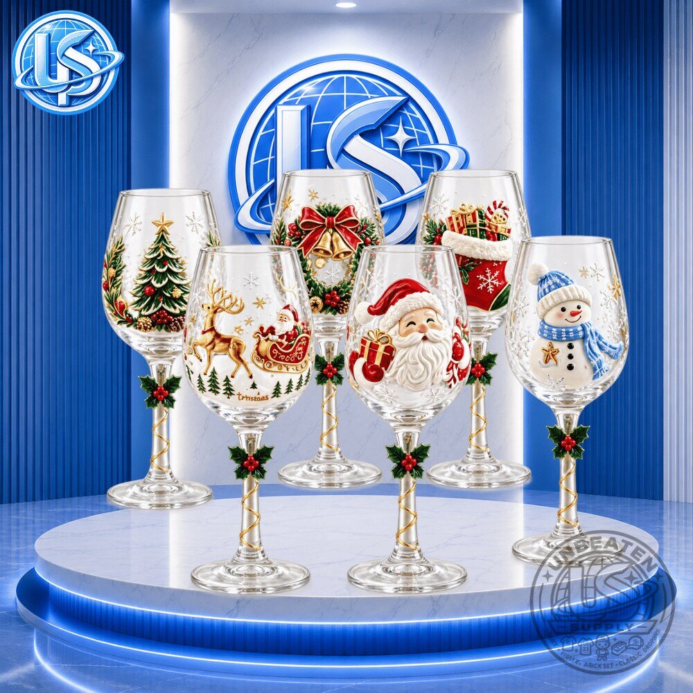 3D Christmas Wine Glasses Set of 6 Gorgeous Hand Painted