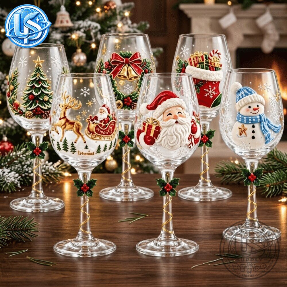 3D Christmas Wine Glasses Set of 6 Gorgeous Hand Painted 9 3D Christmas Wine Glasses Set of 6 Gorgeous Hand Painted