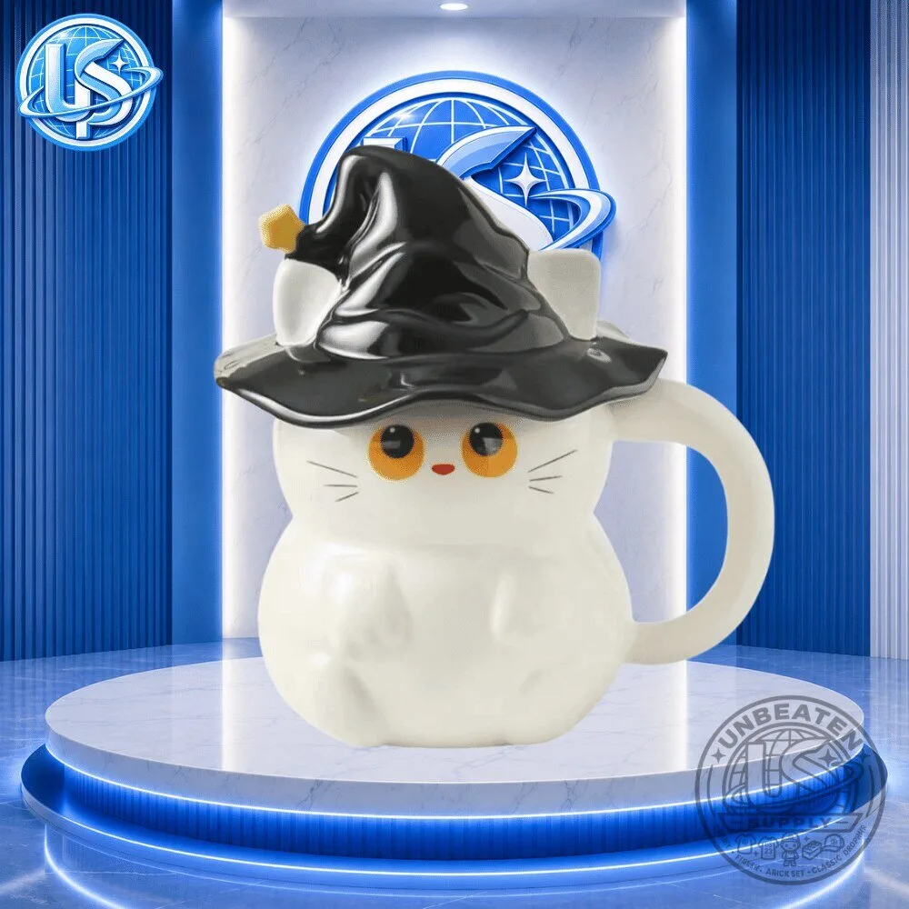 Cat Witch Hat Ceramic Mug with Lid Cute Halloween Cup